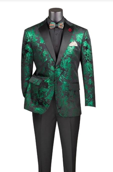 Emerald Green Paisley Tuxedo Suit - Prom 2026 Floral Tuxedo Suit - Groom Wedding Suit