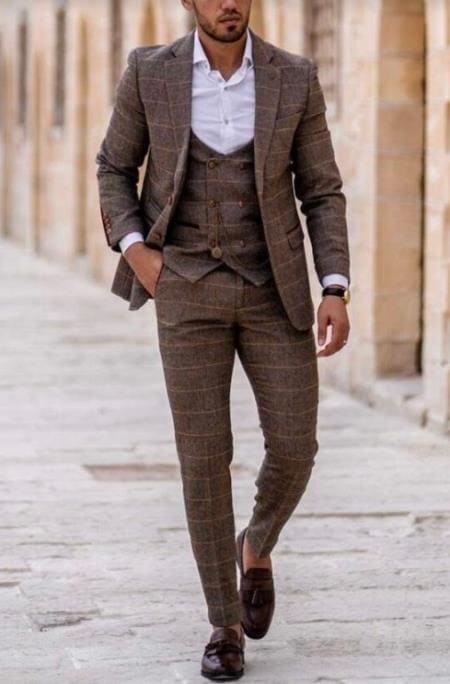 1930s Fashion Tweed ~ Herringbone Pattern  -2 Button Closure -  Mens 1930 Suit -  1930s Tuxedo - Brown Suit