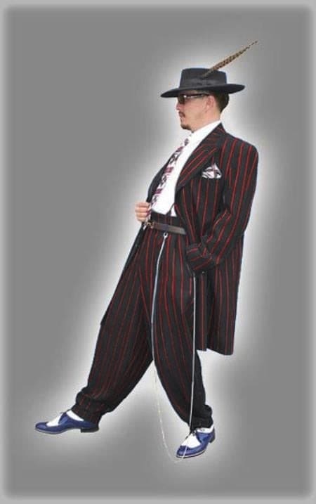 Mens High Fashion Vested Black And Red Pinstripe Zoot Suit For Sale ~ Pachuco Mens Suit Perfect For Wedding