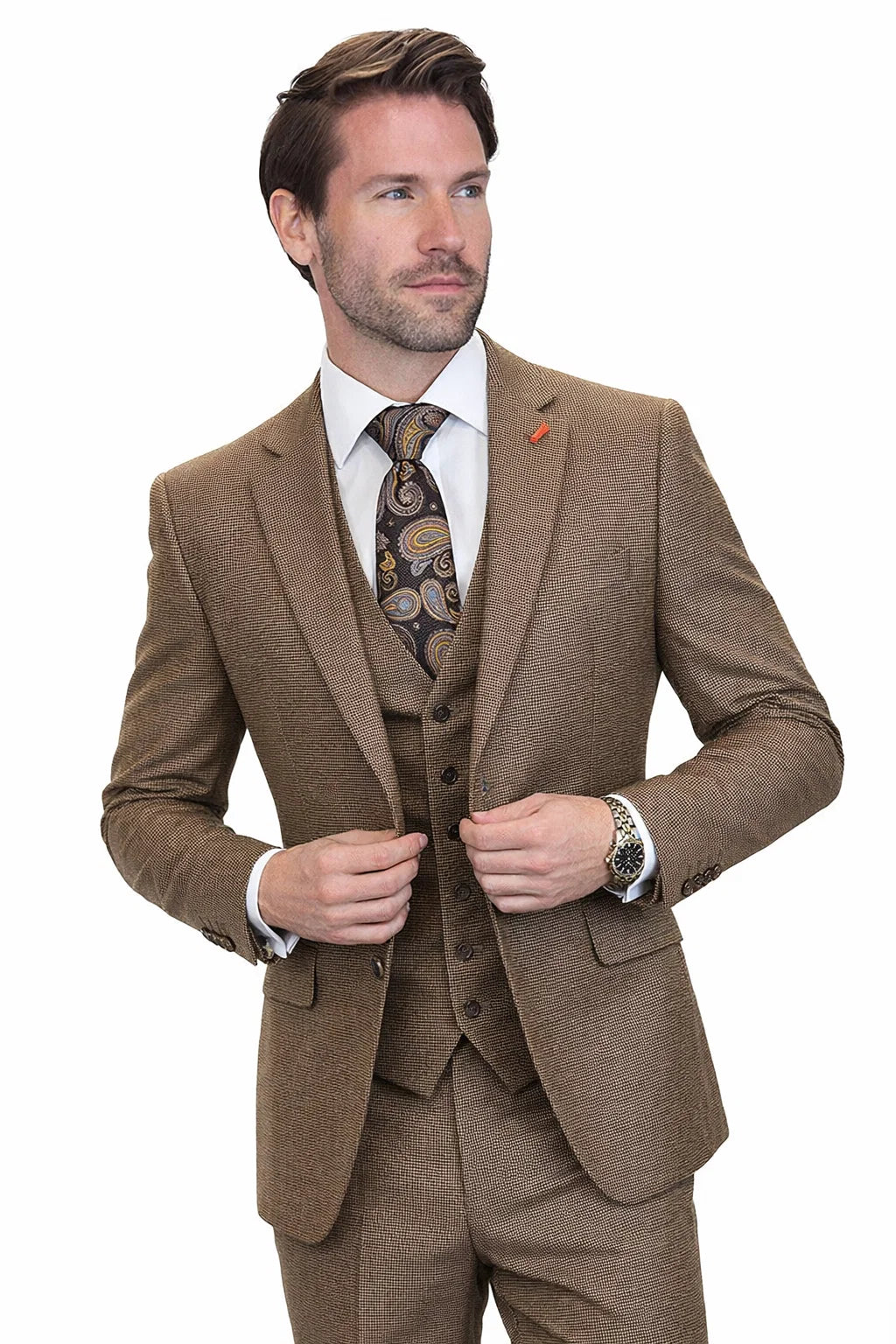 Men’s Copper Brown Micro Plaid Wool Suit – Designer Vintage Style with Vest