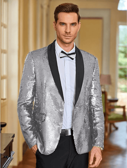 Silver Grey Sequin Blazer - Mens Shiny Sport Coat - Party Jacket - Prom Tuxedo $189