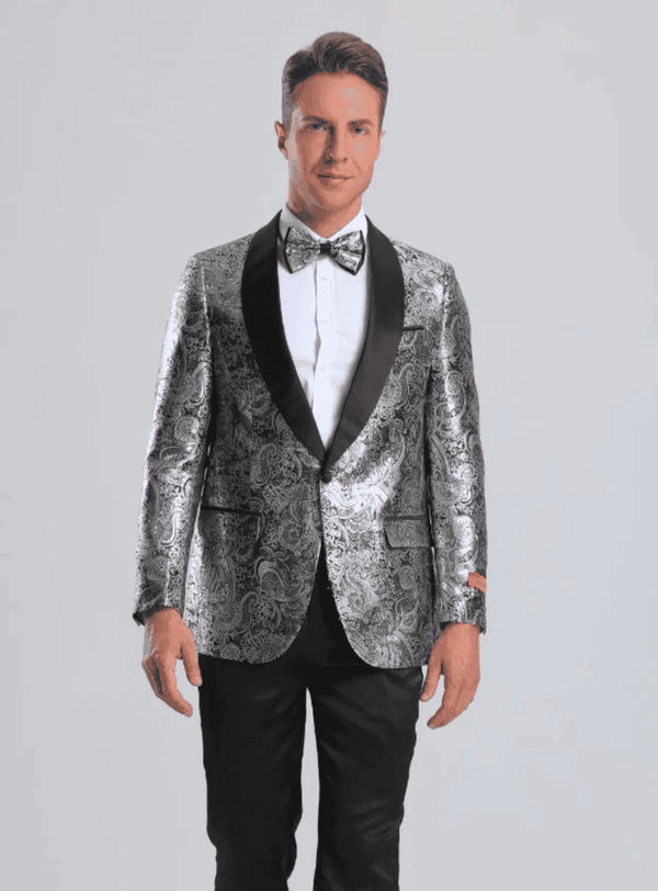 Silver Paisley Suit - Floral Suit - Solid Black Pants Bowtie - AlbertoNardoniStore