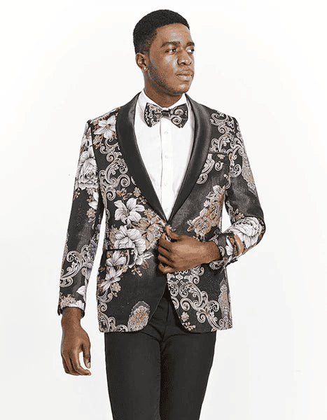 Black and Gold - Silver Paisley Blazer - Floral Tuxedo - Cream and Gold Including Bowtie - Paisley500 - AlbertoNardoniStore