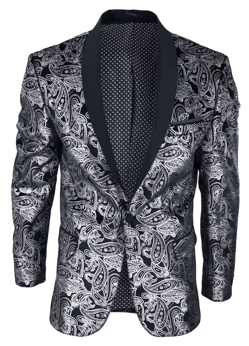 Silver Paisley Suit - Floral Suit - Solid Black Pants Bowtie - AlbertoNardoniStore