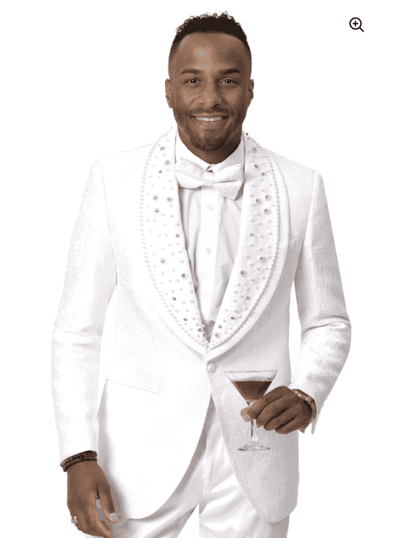 White tux with silver 2025 vest