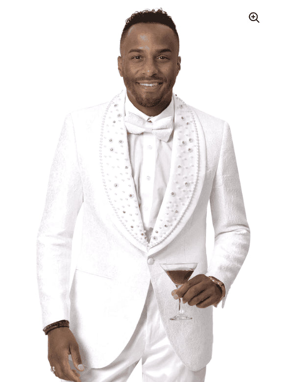 White and Silver Tuxedo With Matching Bowtie and White Pants - AlbertoNardoniStore