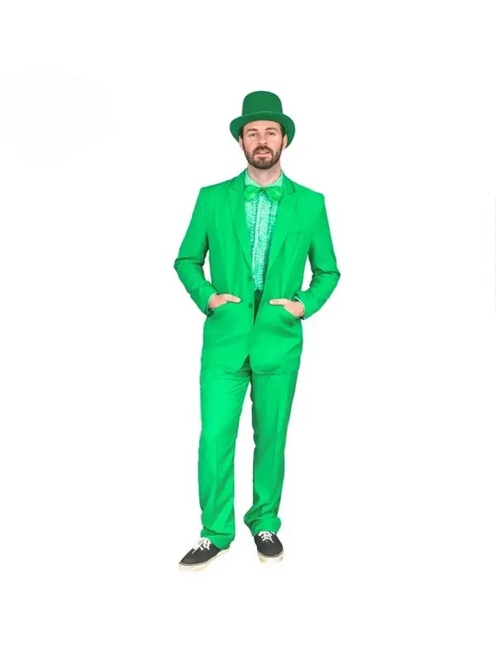 Green suit: smooth fabric, tailored blazer & straight-leg trousers. Matching bow tie & top hat. Bold party attire.
