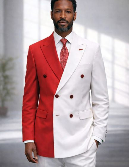 Mens Red and White Suits Modern Fit Double Breasted Suit - Real Wool Fabric By Statement