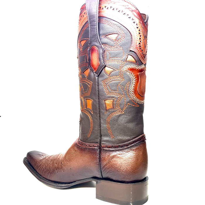 Los Altos brown ostrich quill cowboy boots: pointed toe, tall shaft, embossed patterns, leather texture, contrasting stitching, and slightly elevated heel.
