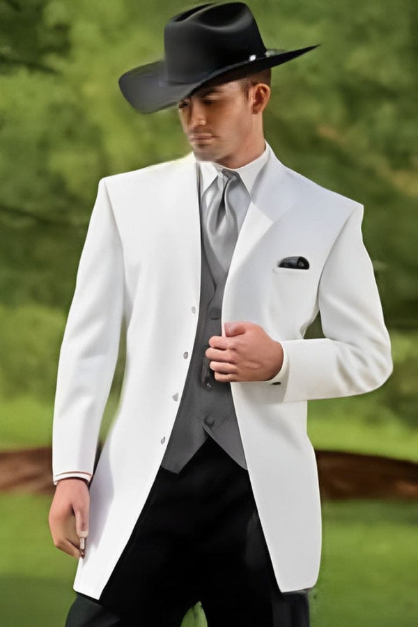 White Western Tuxedo - For Groom - White Dinner Jacket + Chest Pocket Black Pants