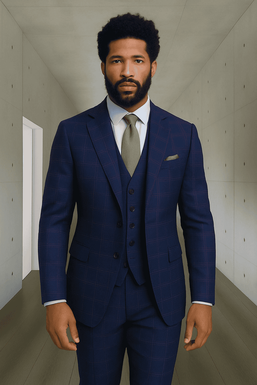 Wool Suit - Italian Made Business Suit by Statement Men's 3 Piece 100% Wool Modern Fit Suit - Sharp Plaid Pattern