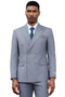 Stacy Adams men's grey double-breasted suit. Tailored fit, structured form, smooth fabric. Features double-breasted front, notch lapels, chest pocket with patterned pocket square, and matching trousers.
