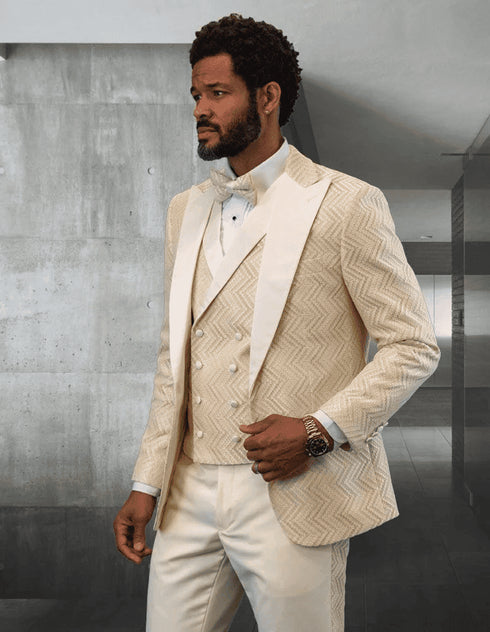 Ivory and Gold Tuxedo Vested Suit with matching bowtie - AlbertoNardoniStore