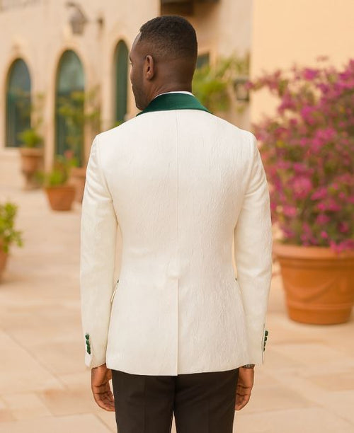 Ivory and Hunter Green Tuxedo Dinner Jacket Wide Velvet Groom Tuxedo Jacket - Prom 2025 Blazer