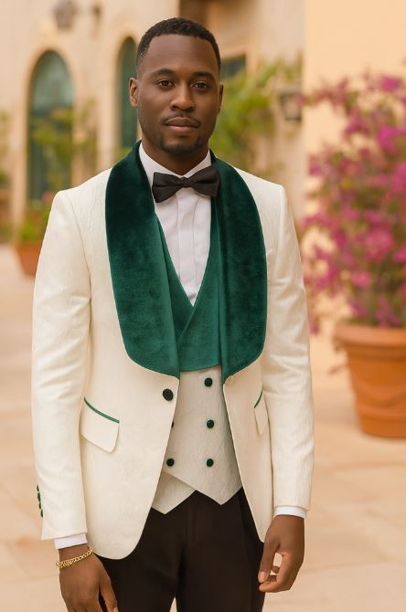 White and Hunter Green Tuxedo Dinner Jacket Wide Velvet Groom Tuxedo Jacket - Prom 2026 Blazer