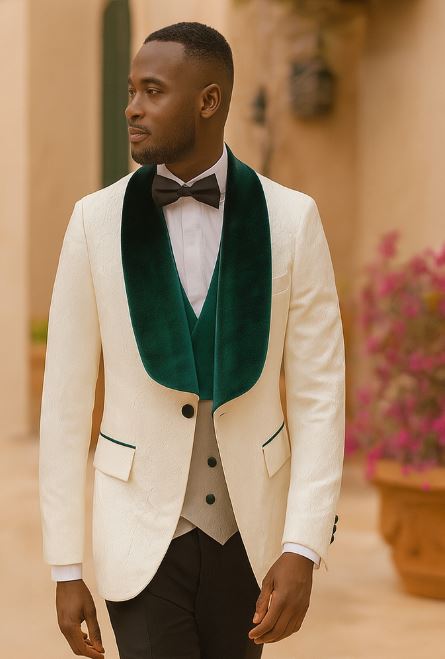 White and Hunter Green Tuxedo Dinner Jacket Wide Velvet Groom Tuxedo Jacket - Prom 2026 Blazer