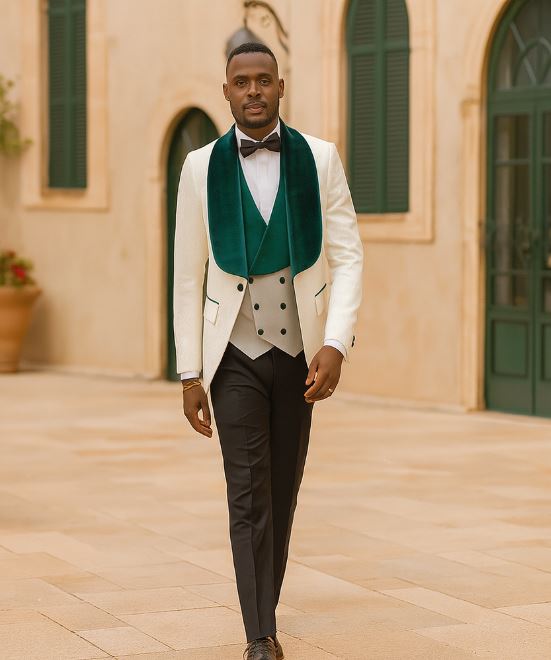 Ivory and Hunter Green Tuxedo Dinner Jacket Wide Velvet Groom Tuxedo Jacket - Prom 2025 Blazer