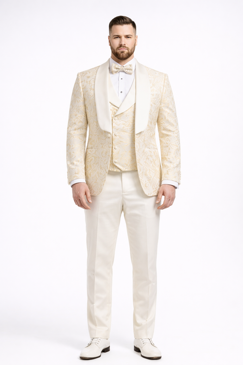 Men's Designer Vested Wedding & Prom Tuxedo in Ivory Off White & Gold Floral Paisley