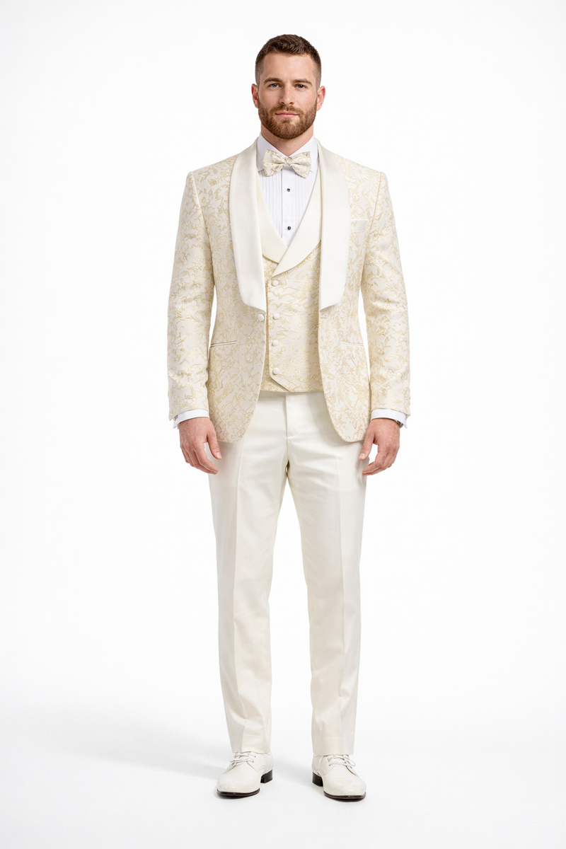 Men's Designer Vested Wedding & Prom Tuxedo in Ivory Off White & Gold Floral Paisley