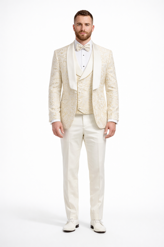 Men's Designer Vested Wedding & Prom Tuxedo in Ivory Off White & Gold Floral Paisley