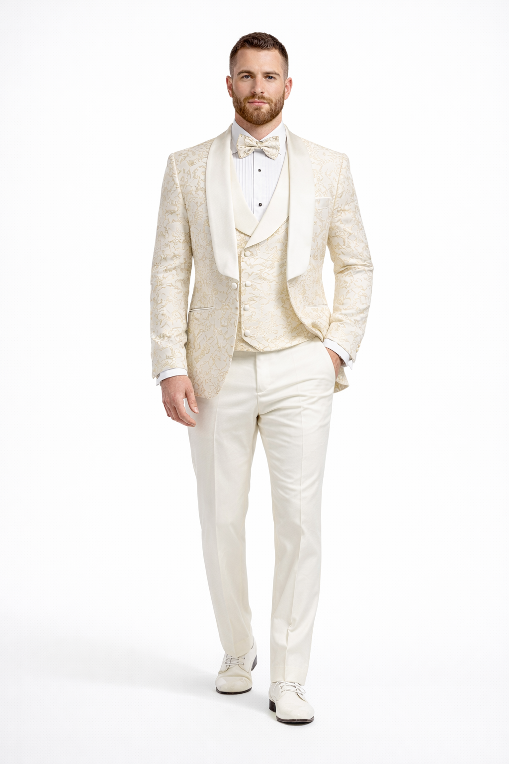 Men's Designer Vested Wedding & Prom Tuxedo in Ivory Off White & Gold Floral Paisley