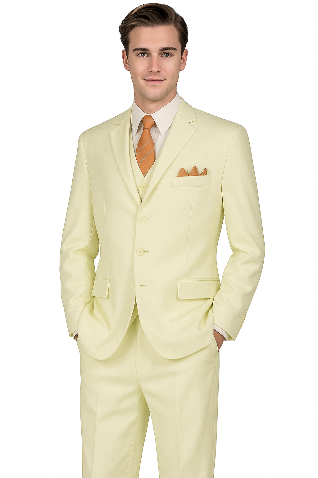 "Classic Fit Men's Three-Button Ivory Suit with Vest and Pleated Pants"