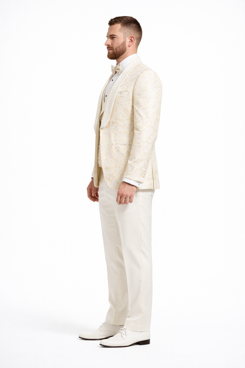 Men's Designer Vested Wedding & Prom Tuxedo in Ivory Off White & Gold Floral Paisley