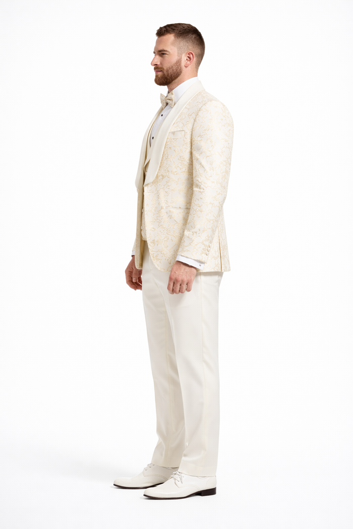 Men's Designer Vested Wedding & Prom Tuxedo in Ivory Off White & Gold Floral Paisley