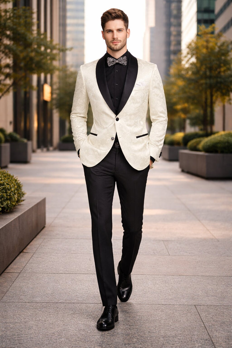 Mens Blazer - Paisley Sport Coat - Ivory Prom 2026 Tuxedo Dinner Jacket Blazer
