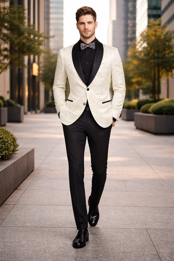 Mens Blazer - Paisley Sport Coat - Ivory Prom 2026 Tuxedo Dinner Jacket Blazer
