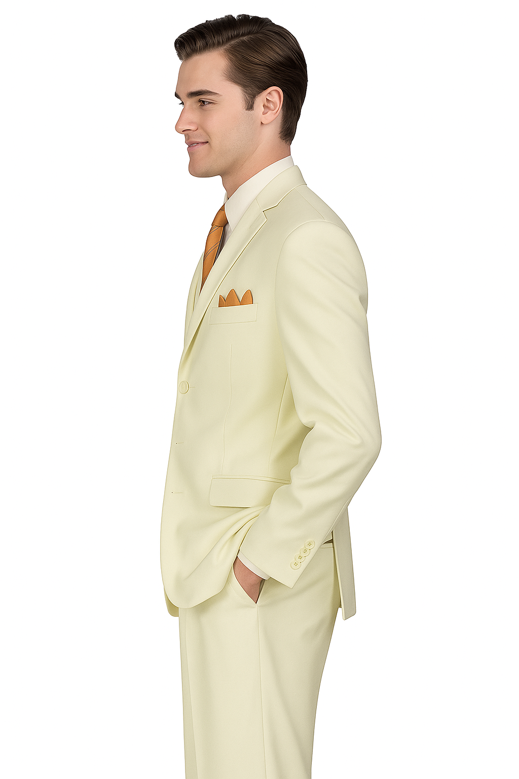 "Classic Fit Men's Three-Button Ivory Suit with Vest and Pleated Pants"
