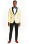 Ivory jacket with black lapel, single-button closure, and pockets. Black pants with straight fit. Includes a black bowtie and brown shoes. Big & tall men's suit.
