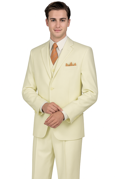"Classic Fit Men's Three-Button Ivory Suit with Vest and Pleated Pants"