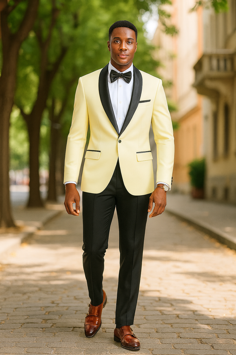 Ivory jacket with black lapel & black pants suit for big/tall men. Jacket: front pockets, single button. Includes black bowtie & brown dress shoes.

