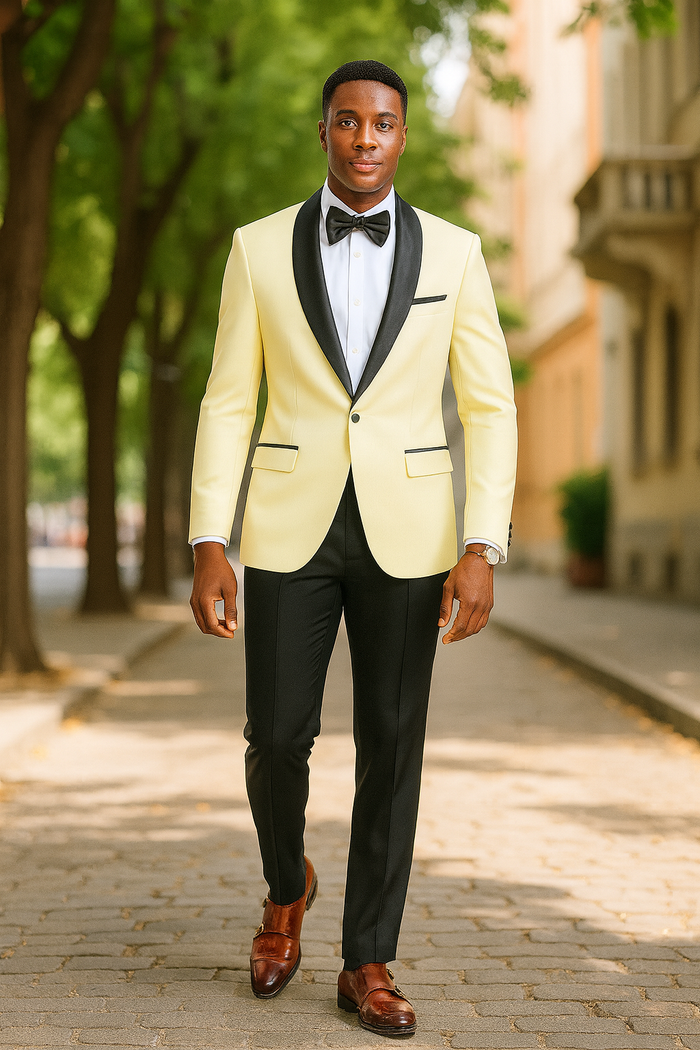 Ivory jacket with black lapel & black pants suit for big/tall men. Jacket: front pockets, single button. Includes black bowtie & brown dress shoes.
