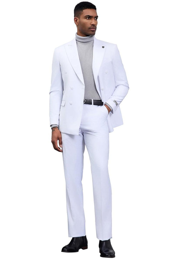 Stacy Adams white double-breasted suit: fitted jacket with peak lapels, structured silhouette, and double-button closure. Straight-cut, tailored trousers made of matching white fabric.
