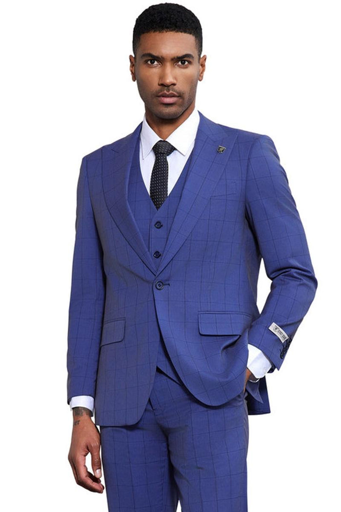 Stacy Adams modern fit French blue suit: Tonal windowpane plaid, notch lapel, single-button jacket. Matching vest. Modern fit trousers. Smooth fabric for a sleek silhouette.
