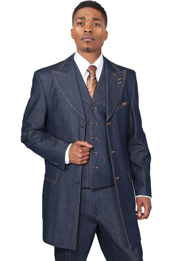 "Blue Zoot Suit: Men's Long Vested Denim Jeans Fashion"