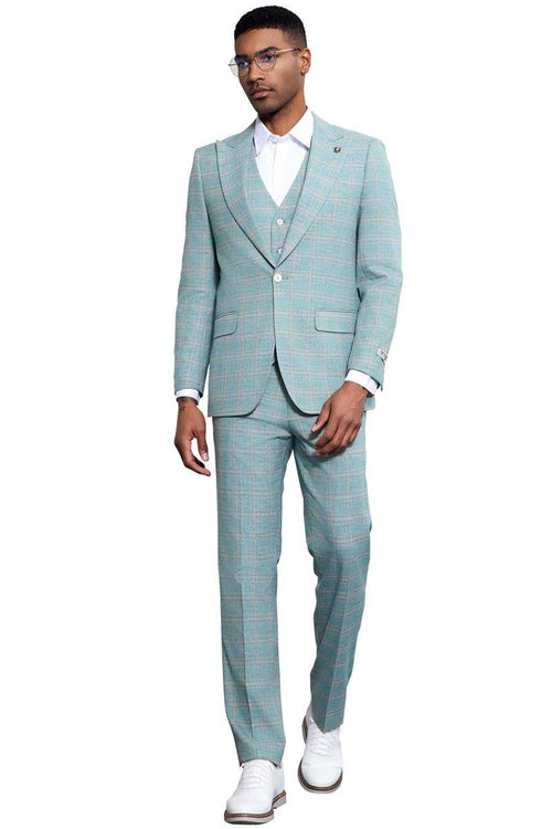 Men's Stacy Adams turquoise green plaid suit: peak lapel blazer, vest, straight-leg trousers. Three-piece, lightweight fabric.
