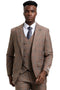 Stacy Adams men's one-button peak lapel double-breasted vest suit in light brown plaid. Features fitted blazer, long sleeves, and matching button-down vest. Color: light brown with darker brown/beige plaid.
