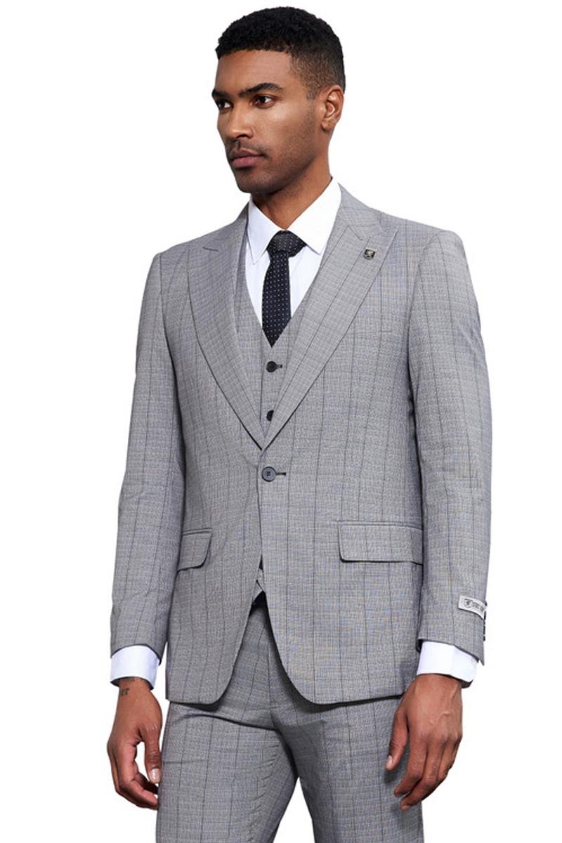Light grey modern fit Stacy Adams suit with tonal windowpane plaid. Single-button blazer, notch lapels, matching vest, and tailored trousers. Clean, cohesive design.
