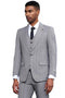 Light grey modern fit Stacy Adams suit with tonal windowpane plaid. Single-button blazer, notch lapels, matching vest, and tailored trousers. Clean, cohesive design.
