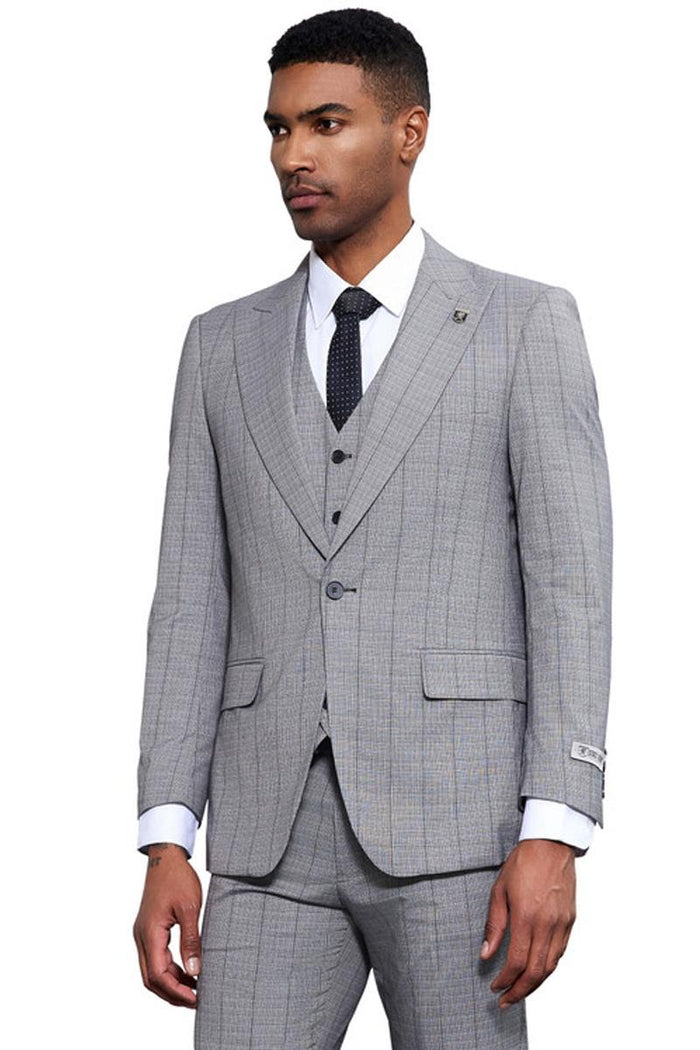 Light grey modern fit Stacy Adams suit with tonal windowpane plaid. Single-button blazer, notch lapels, matching vest, and tailored trousers. Clean, cohesive design.
