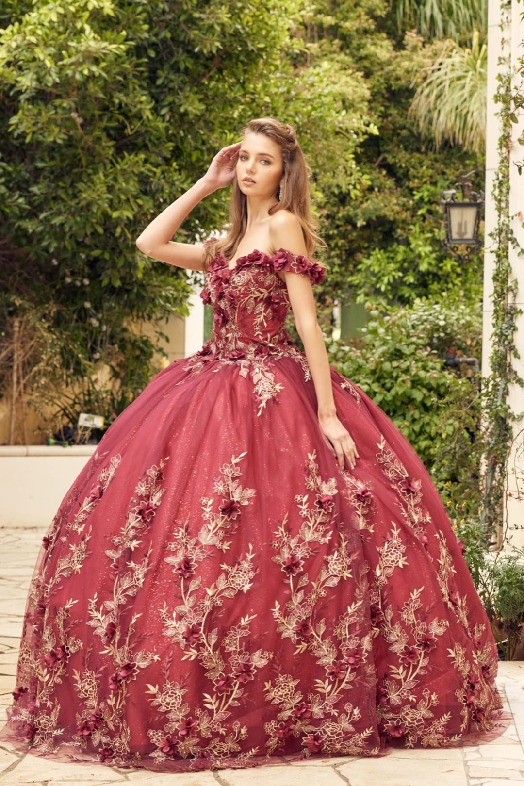 Juliet 1447 Off Shoulder 3D Floral Applique Sweet 16 Quince Ball Gown