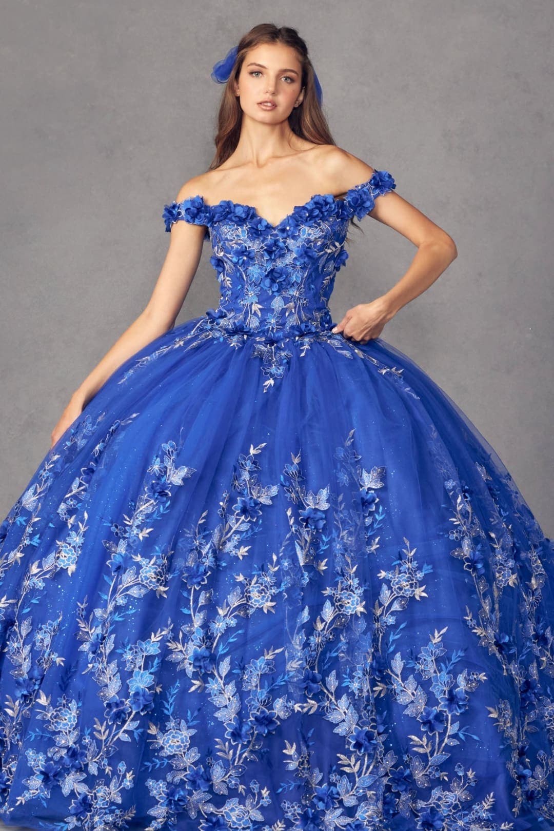 Juliet 1447 Off Shoulder 3D Floral Applique Sweet 16 Quince Ball Gown