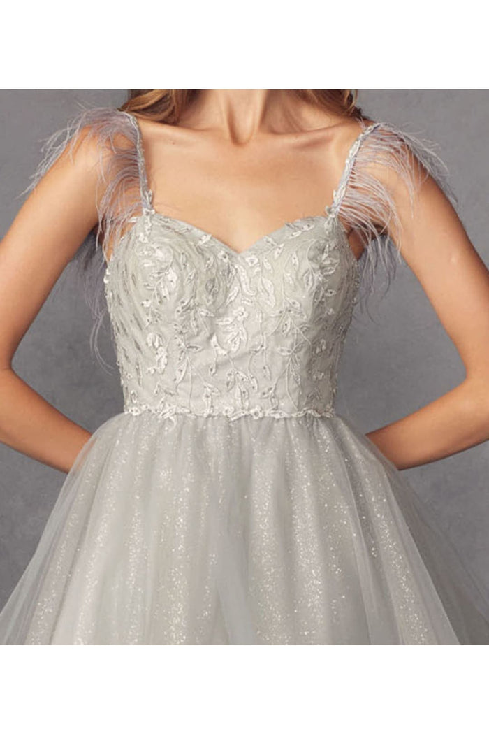 Juliet 881 Feathers A-line Glitter Tulle Short Cocktail Dama Dress