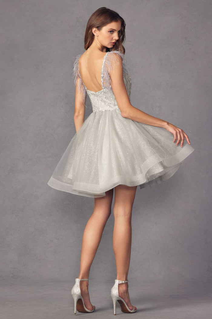 Juliet 881 Feathers A-line Glitter Tulle Short Cocktail Dama Dress
