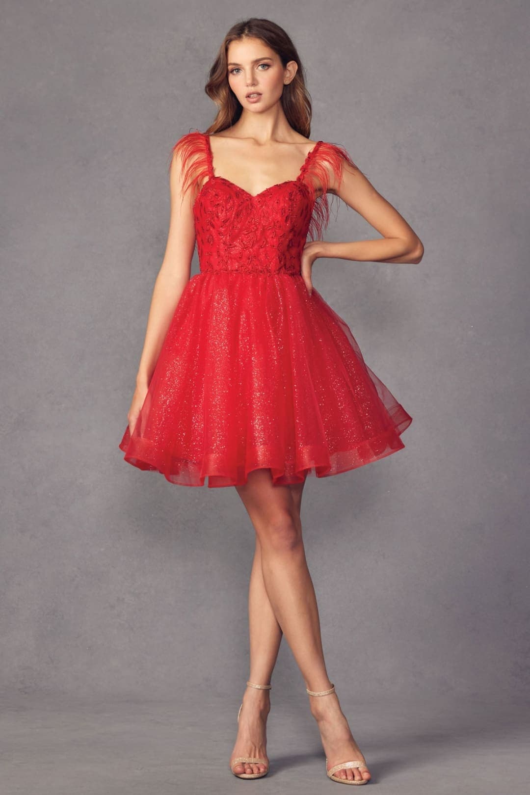 Juliet 881 Feathers A-line Glitter Tulle Short Cocktail Dama Dress