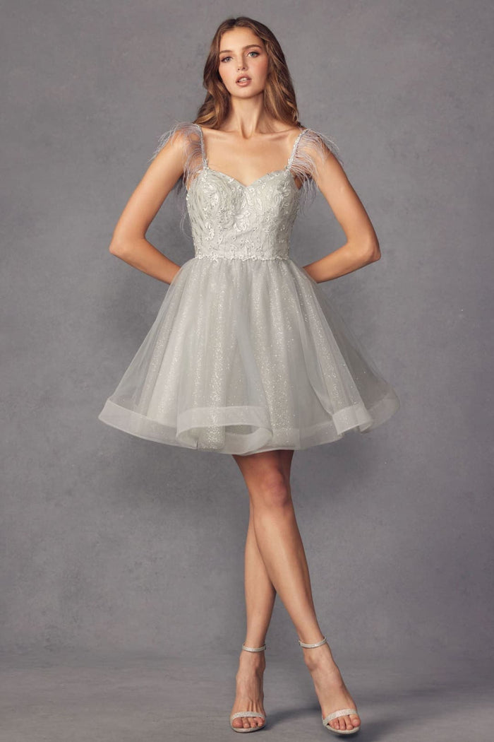 Juliet 881 Feathers A-line Glitter Tulle Short Cocktail Dama Dress