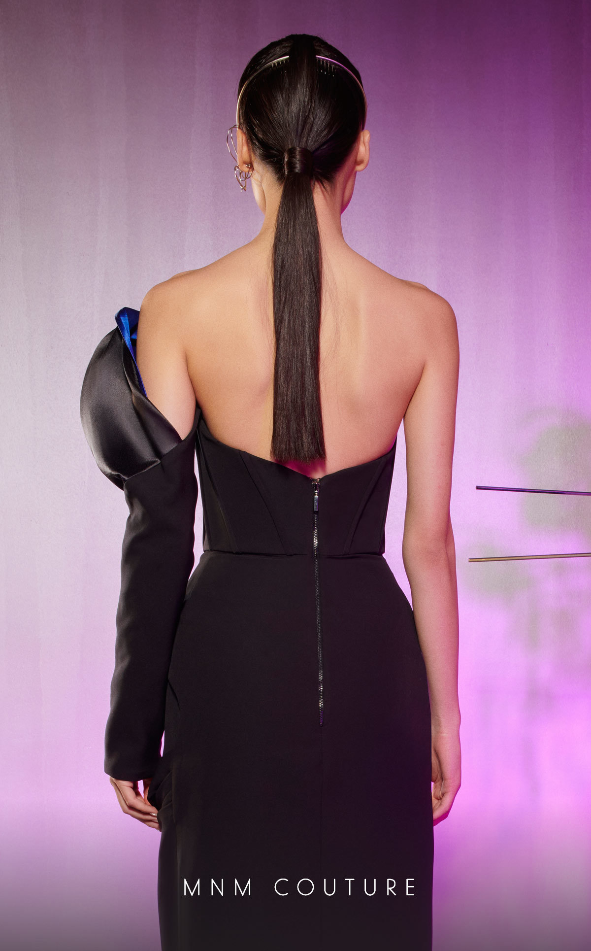 MNM Couture E0042 Blue/Black One-Shoulder Sculpted Sleeve Gown